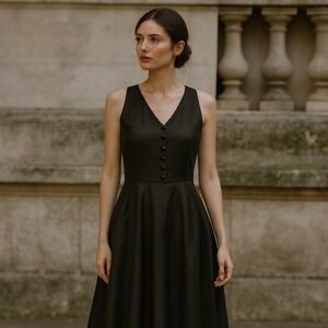 YL By Yair Black Silk Linen Fit & Flare‎ Sleeveless A-Line Dress Size 10 V-Neck